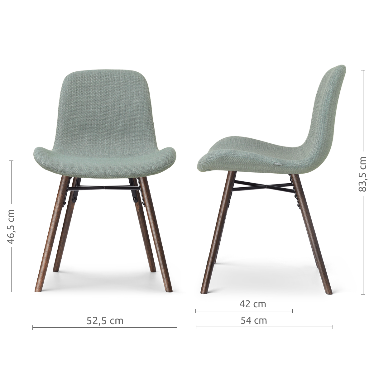 afmetingen van de Nena-Fé eetkamerstoel saliegroen - walnoot houten onderstel
