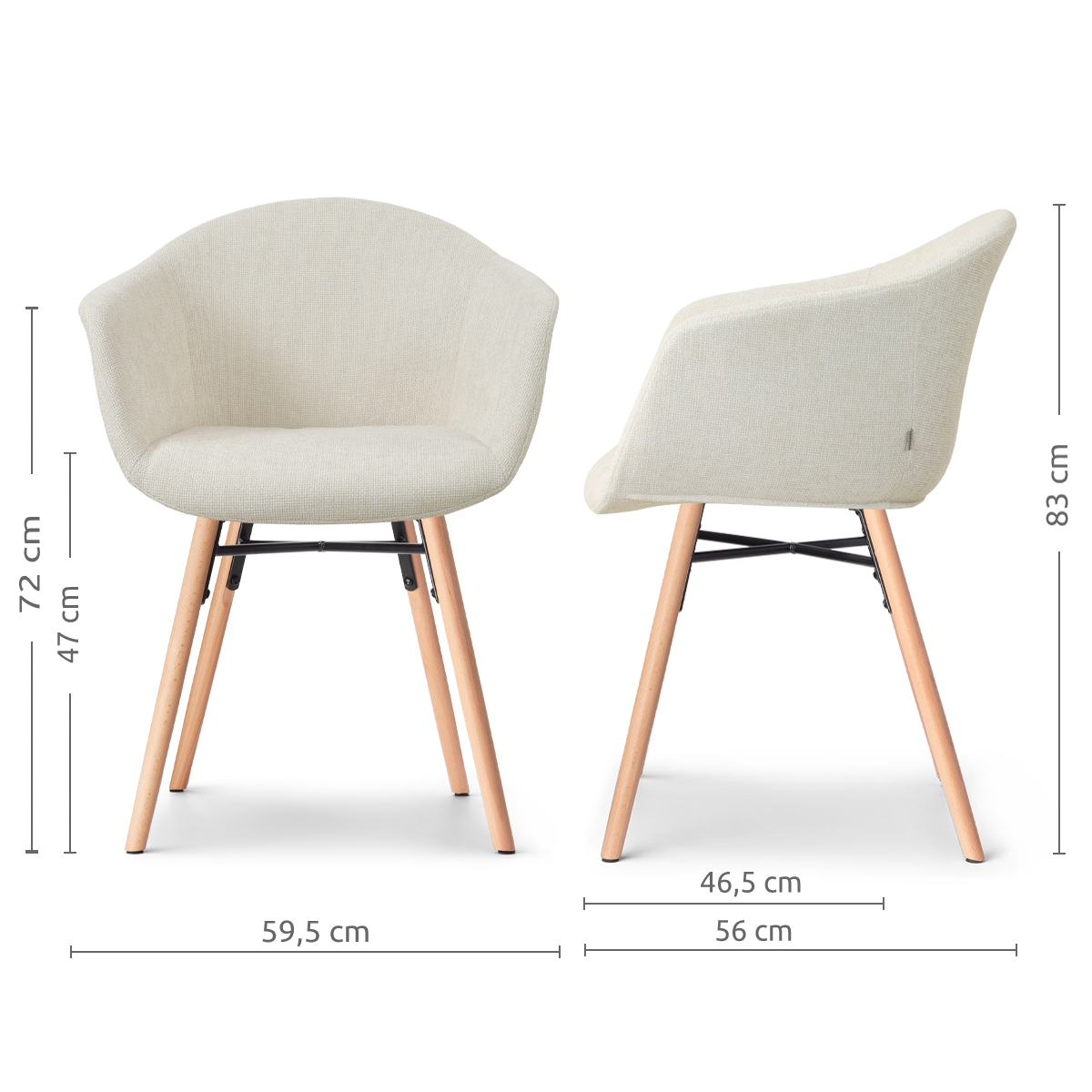 afmetingen van de Nena-Otis eetkamerstoel cottonbeige - houten onderstel