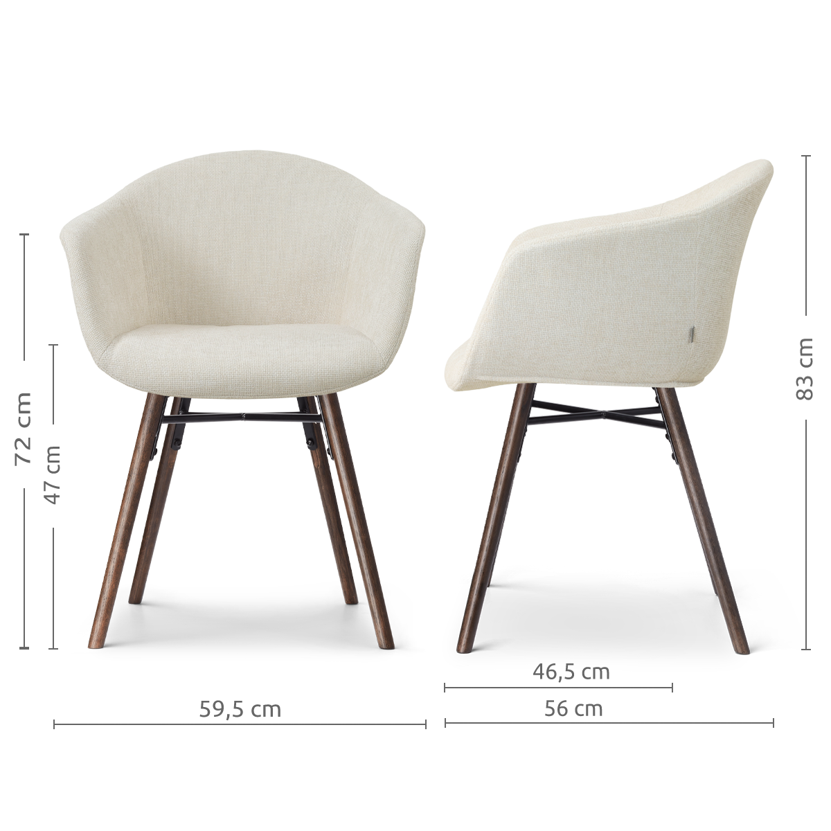 afmetingen van de Nena-Otis eetkamerstoel cottonbeige - walnoot houten onderstel