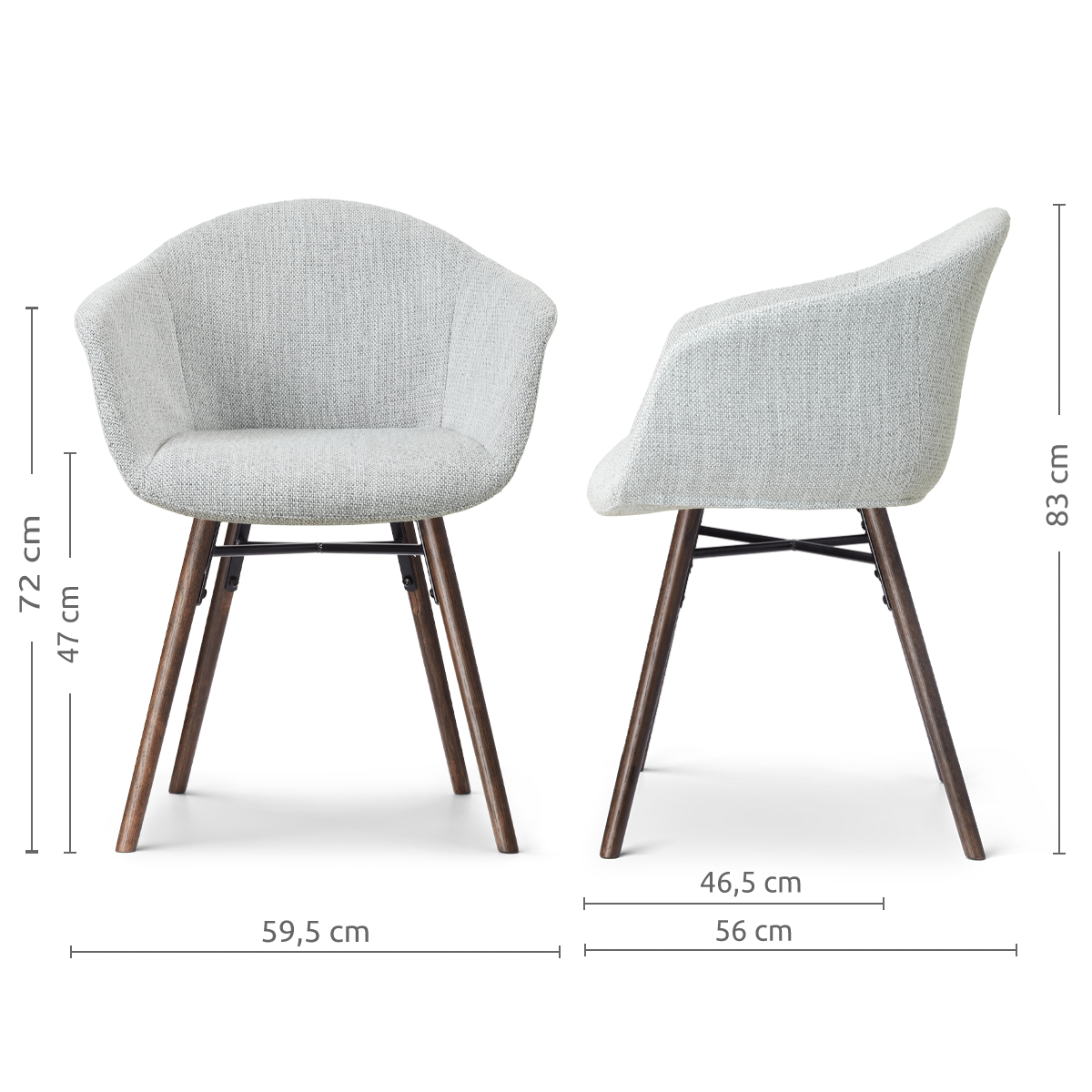 afmetingen van de Nena-Otis eetkamerstoel grijs melange - walnoot houten onderstel