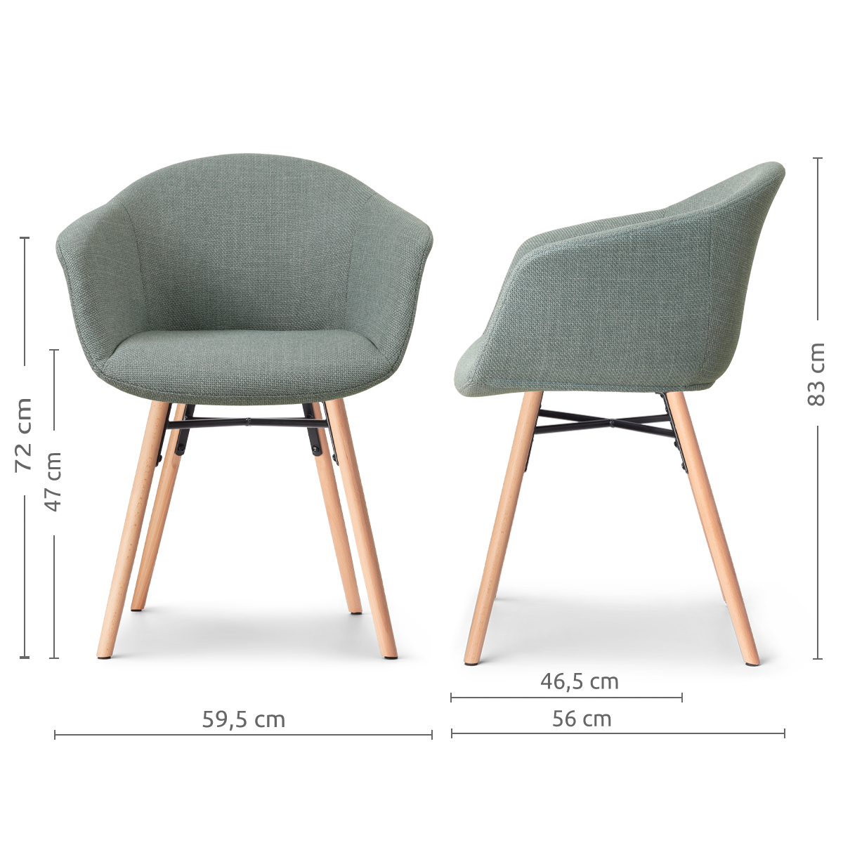 afmetingen van de Nena-Otis eetkamerstoel saliegroen - houten onderstel