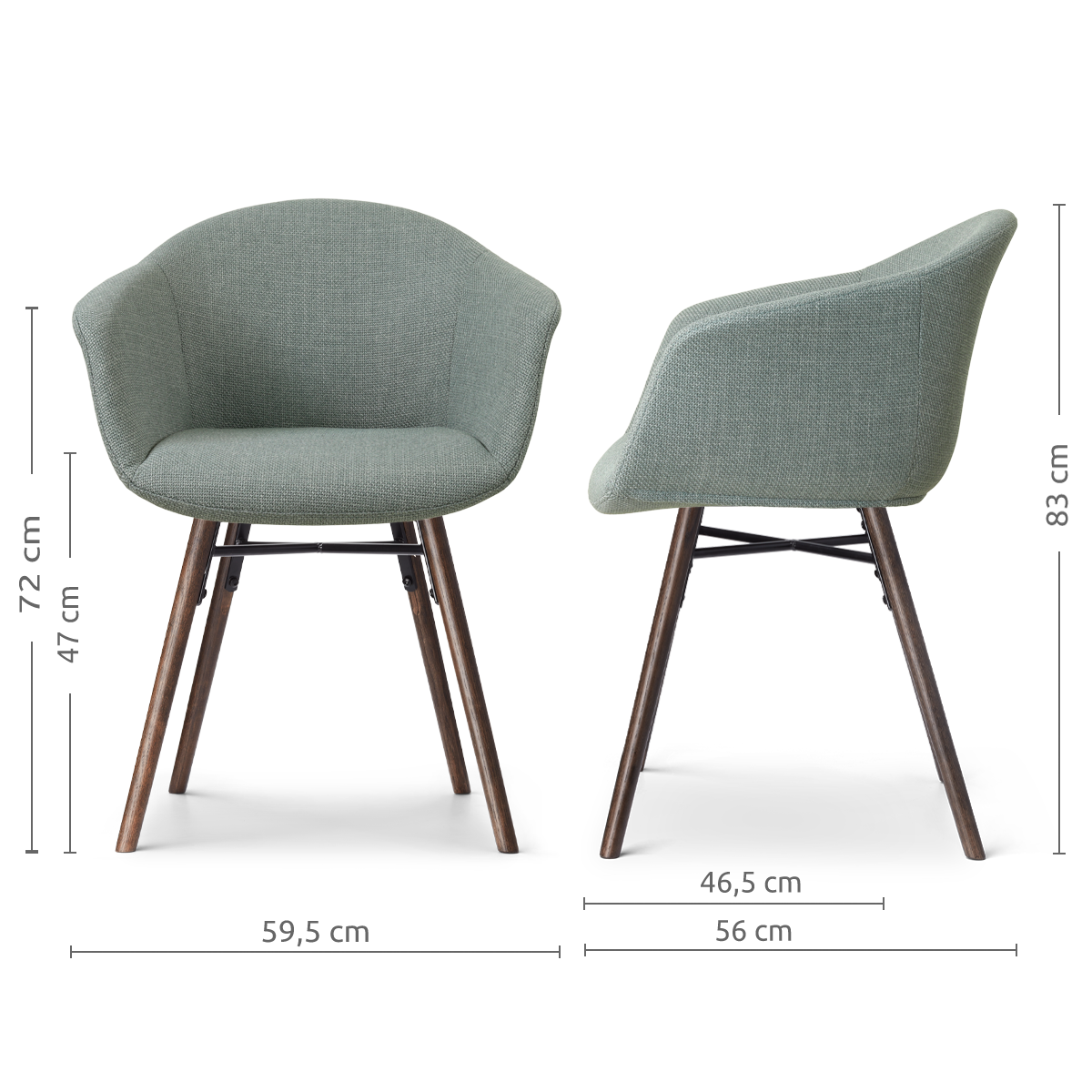 afmetingen van de Nena-Otis eetkamerstoel saliegroen - walnoot houten onderstel