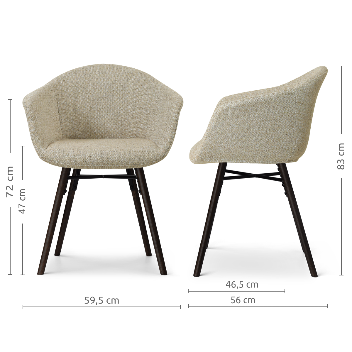 afmetingen van de Nena-Otis eetkamerstoel taupe melange - zwart houten onderstel