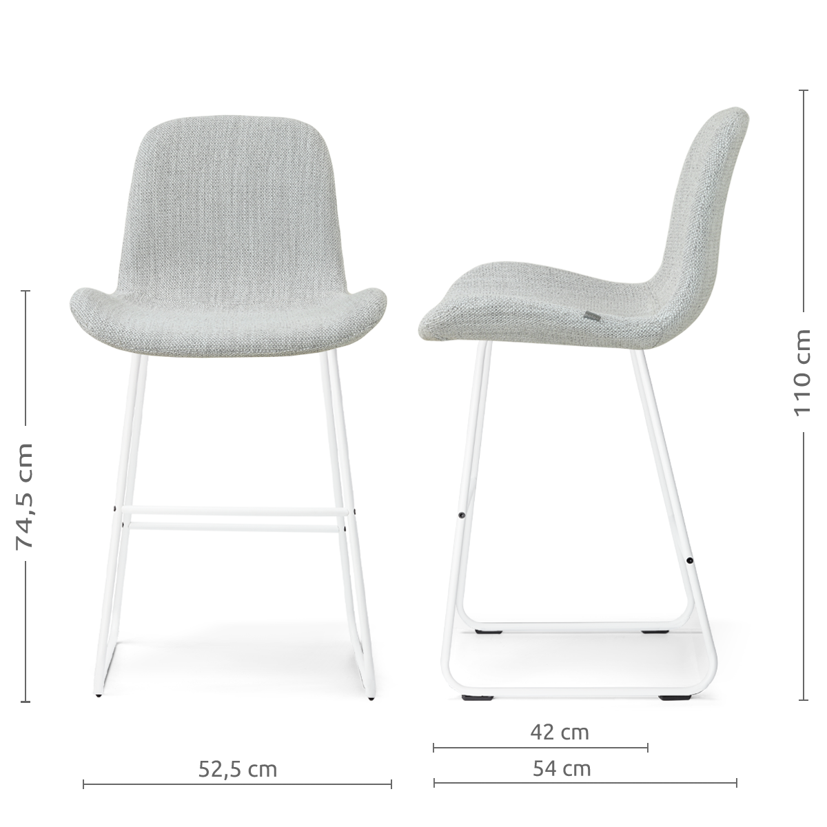 afmetingen van de Nino-Fé barkruk grijs melange - wit onderstel - 75 cm