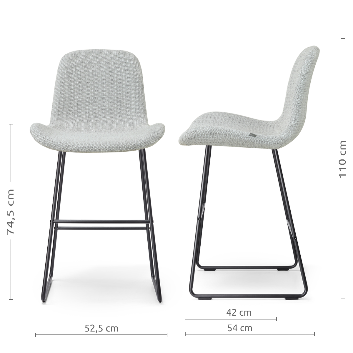 afmetingen van de Nino-Fé barkruk grijs melange - zwart onderstel - 75 cm