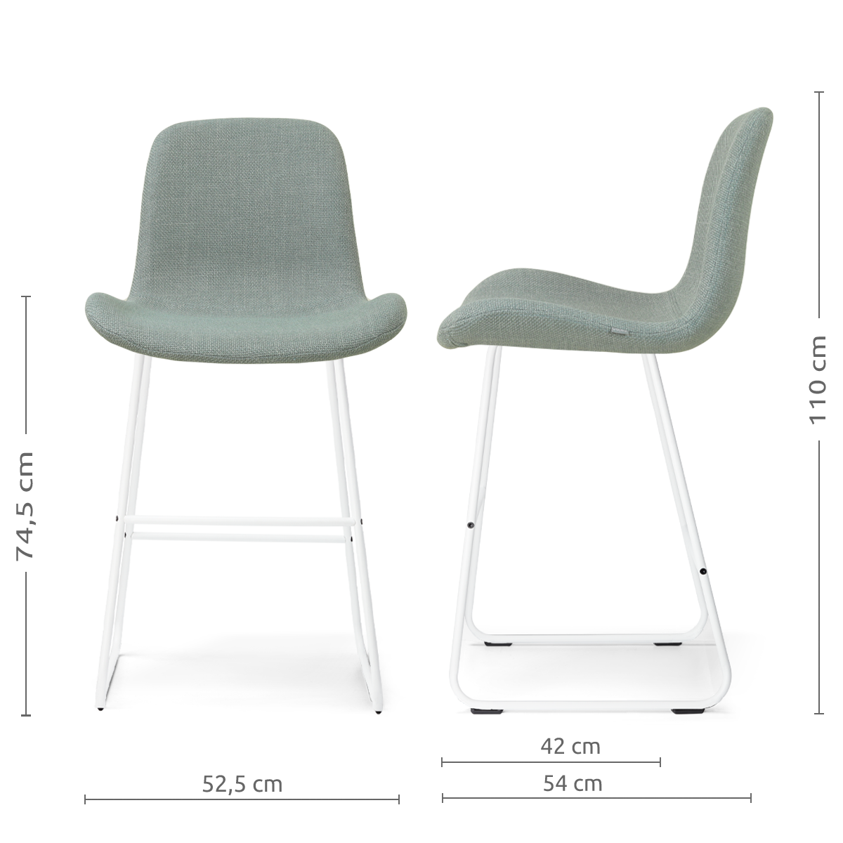 afmetingen van de Nino-Fé barkruk saliegroen - wit onderstel - 75 cm