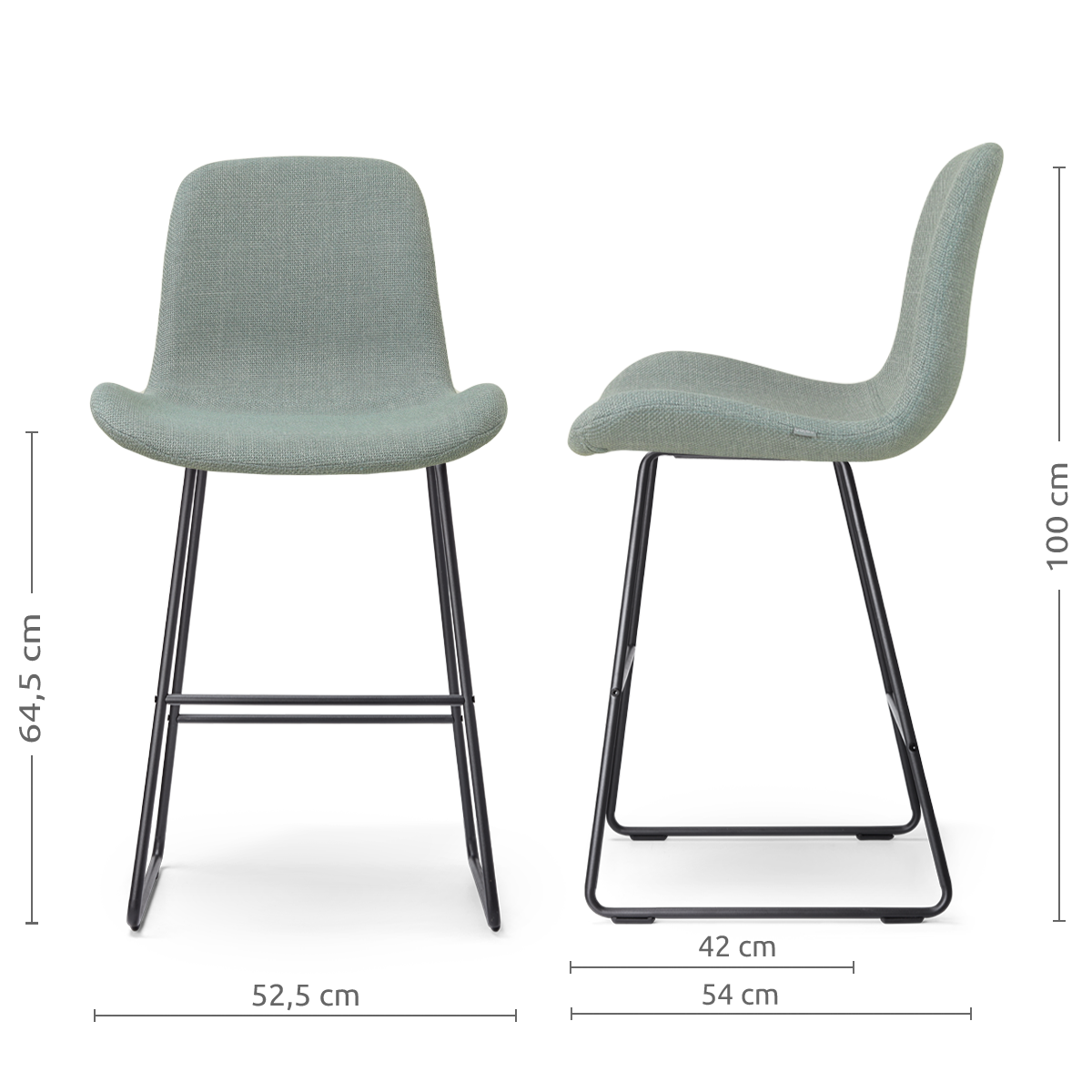 afmetingen van de Nino-Fé barkruk saliegroen - zwart onderstel - 65 cm