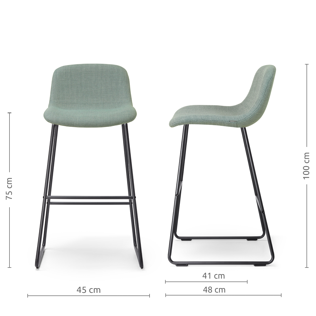 afmetingen van de Nino-Mats barkruk saliegroen - zwart onderstel - 75 cm