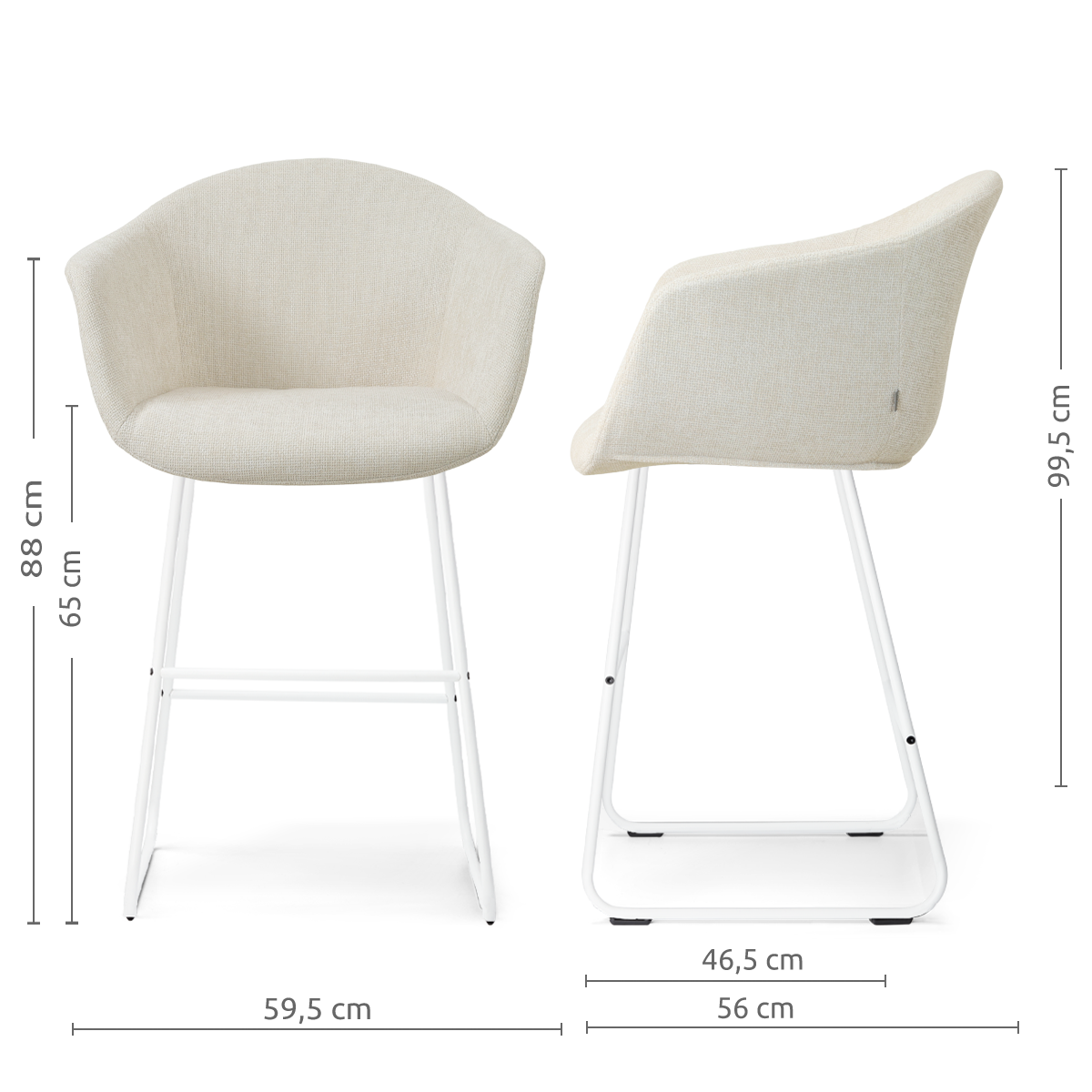 afmetingen van de Nino-Otis barkruk cottonbeige - wit onderstel - 65 cm