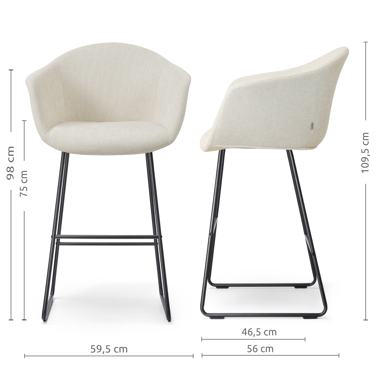 afmetingen van de Nino-Otis barkruk cottonbeige - zwart onderstel - 75 cm