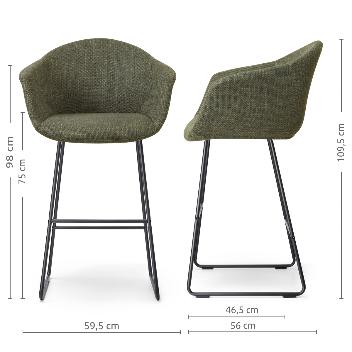 afmetingen van de Nino-Otis barkruk forestgroen- zwart onderstel - 75 cm