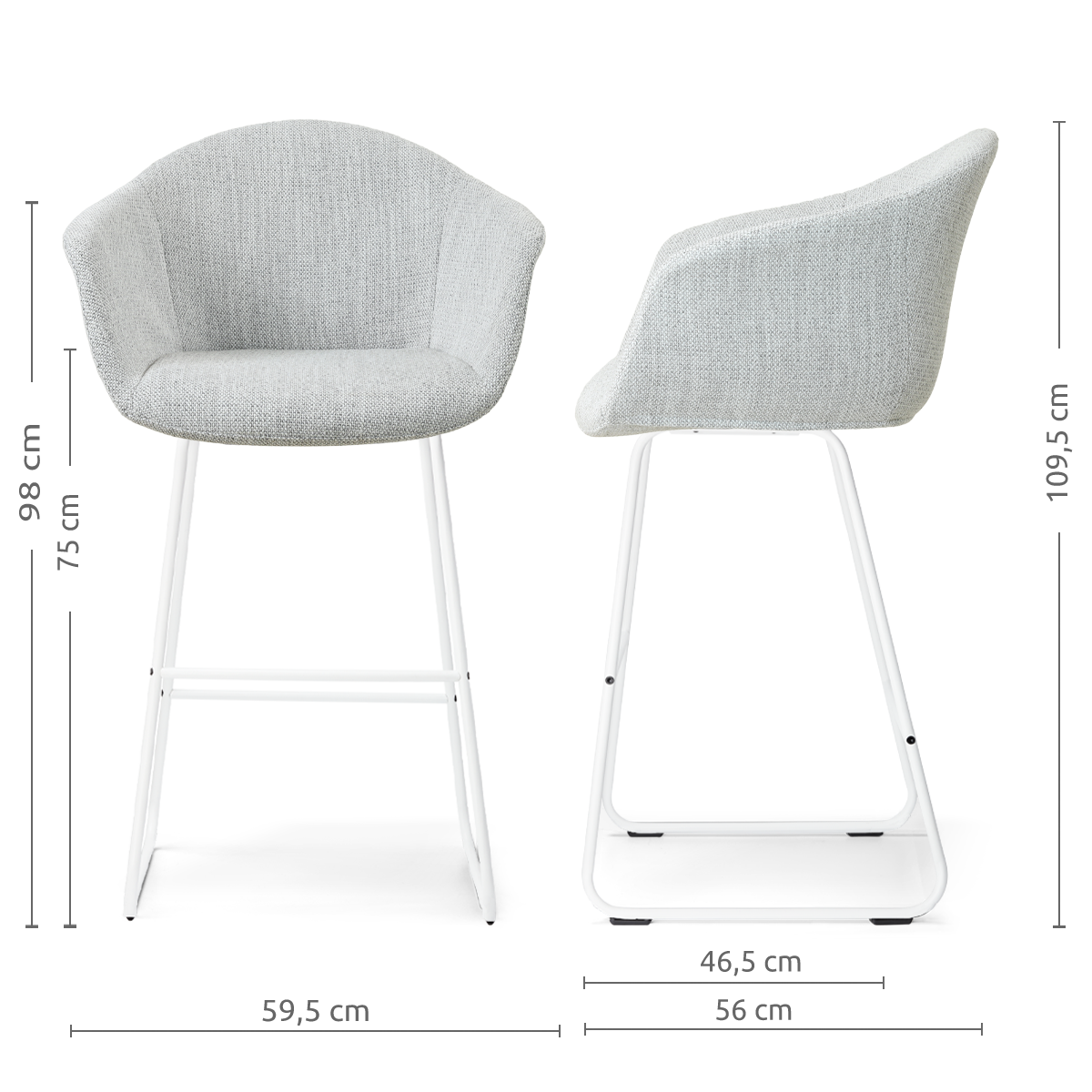 afmetingen van de Nino-Otis barkruk grijs melange - wit onderstel - 75 cm