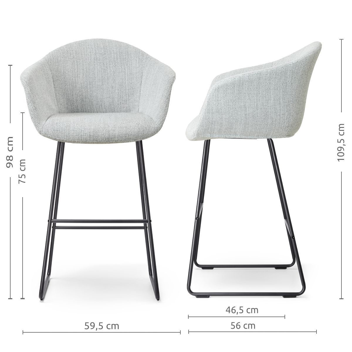 afmetingen van de Nino-Otis barkruk grijs melange - zwart onderstel - 75 cm