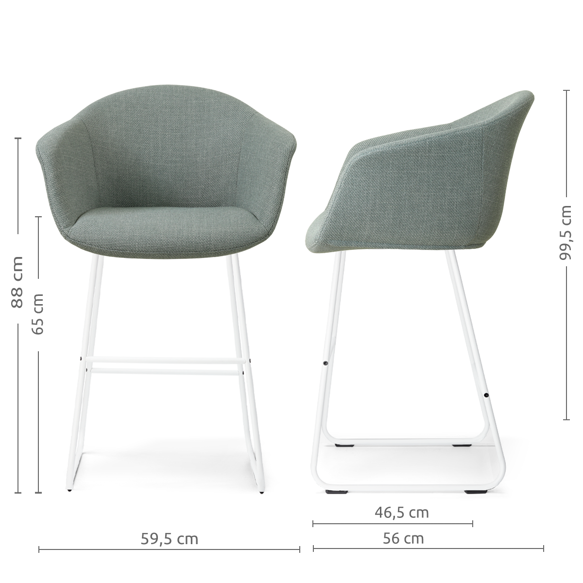 afmetingen van de Nino-Otis barkruk saliegroen - wit onderstel - 65 cm
