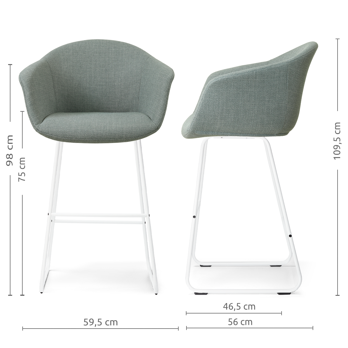 afmetingen van de Nino-Otis barkruk saliegroen - wit onderstel - 75 cm