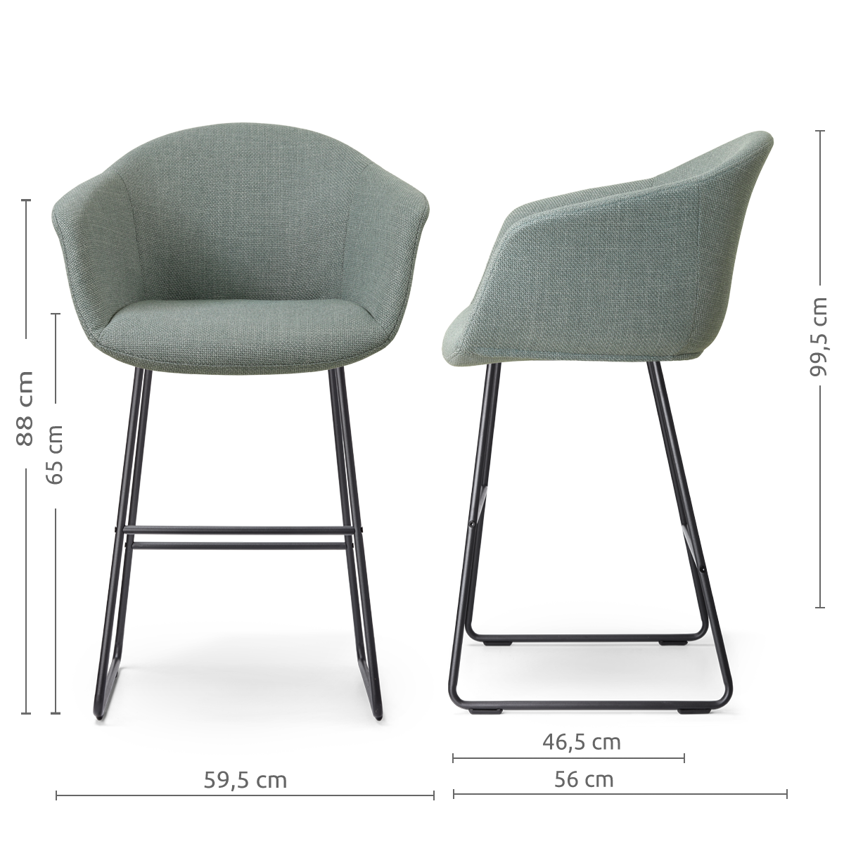 afmetingen van de Nino-Otis barkruk saliegroen - zwart onderstel - 65 cm