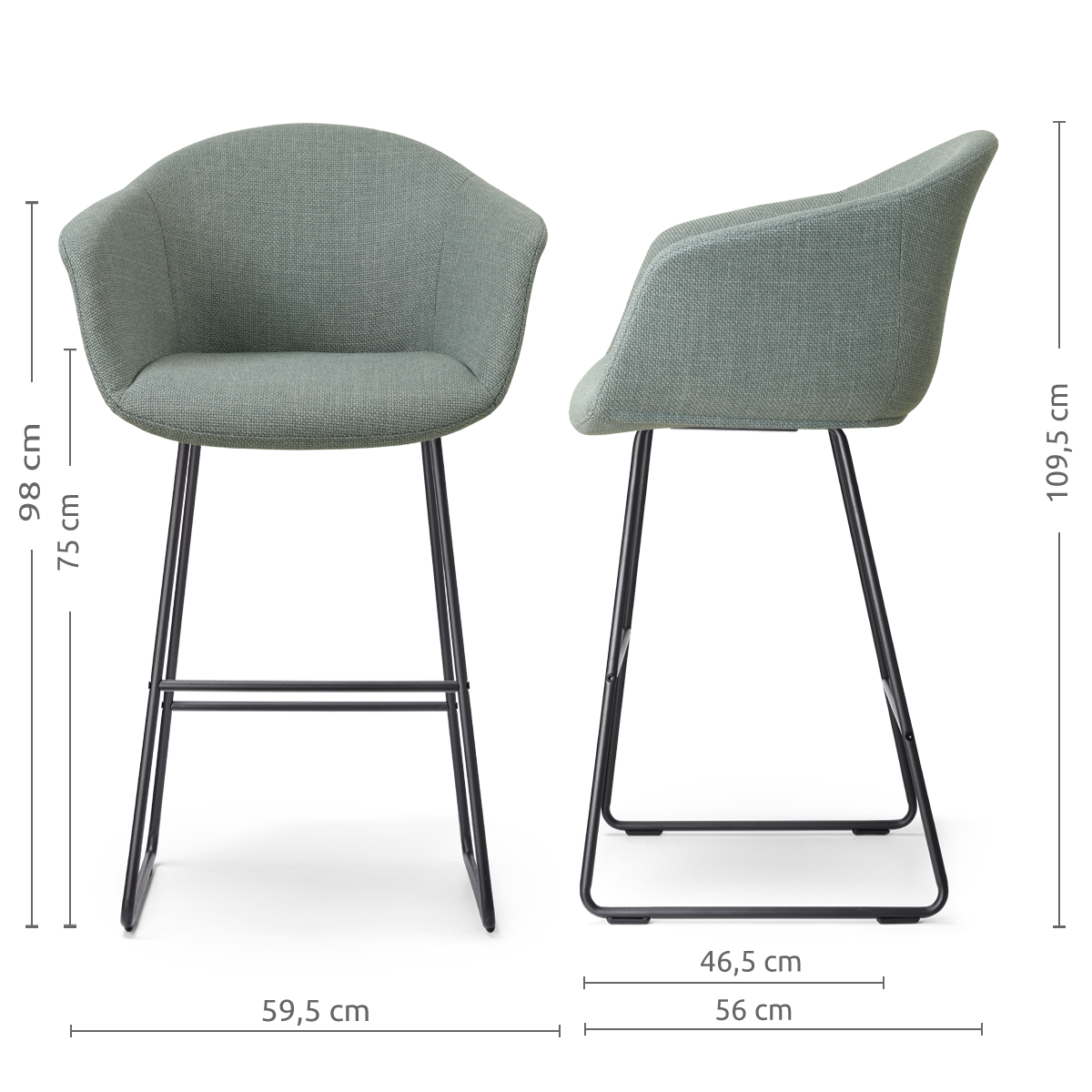 afmetingen van de Nino-Otis barkruk saliegroen - zwart onderstel - 75 cm