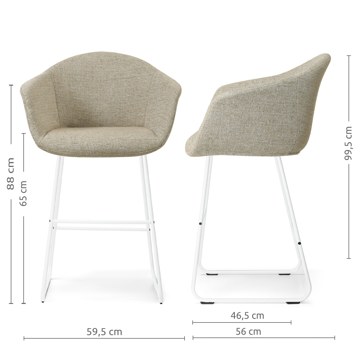 afmetingen van de Nino-Otis barkruk taupe melange - wit onderstel - 65 cm