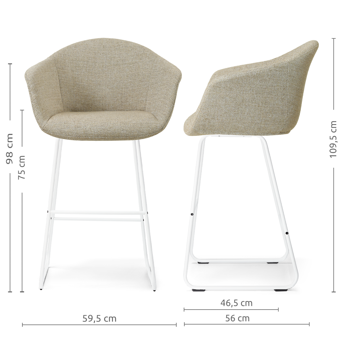 afmetingen van de Nino-Otis barkruk taupe melange - wit onderstel - 75 cm