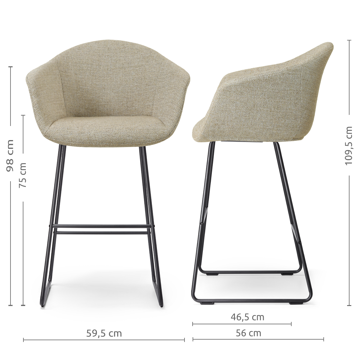 afmetingen van de Nino-Otis barkruk taupe melange - zwart onderstel - 75 cm