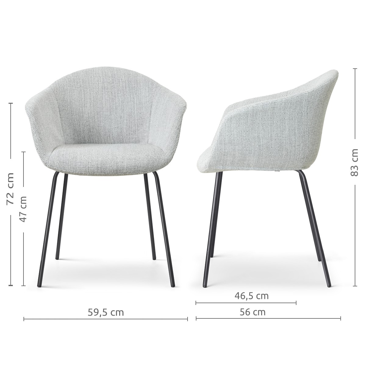 afmetingen van de Nora-Otis eetkamerstoel grijs melange - zwart onderstel