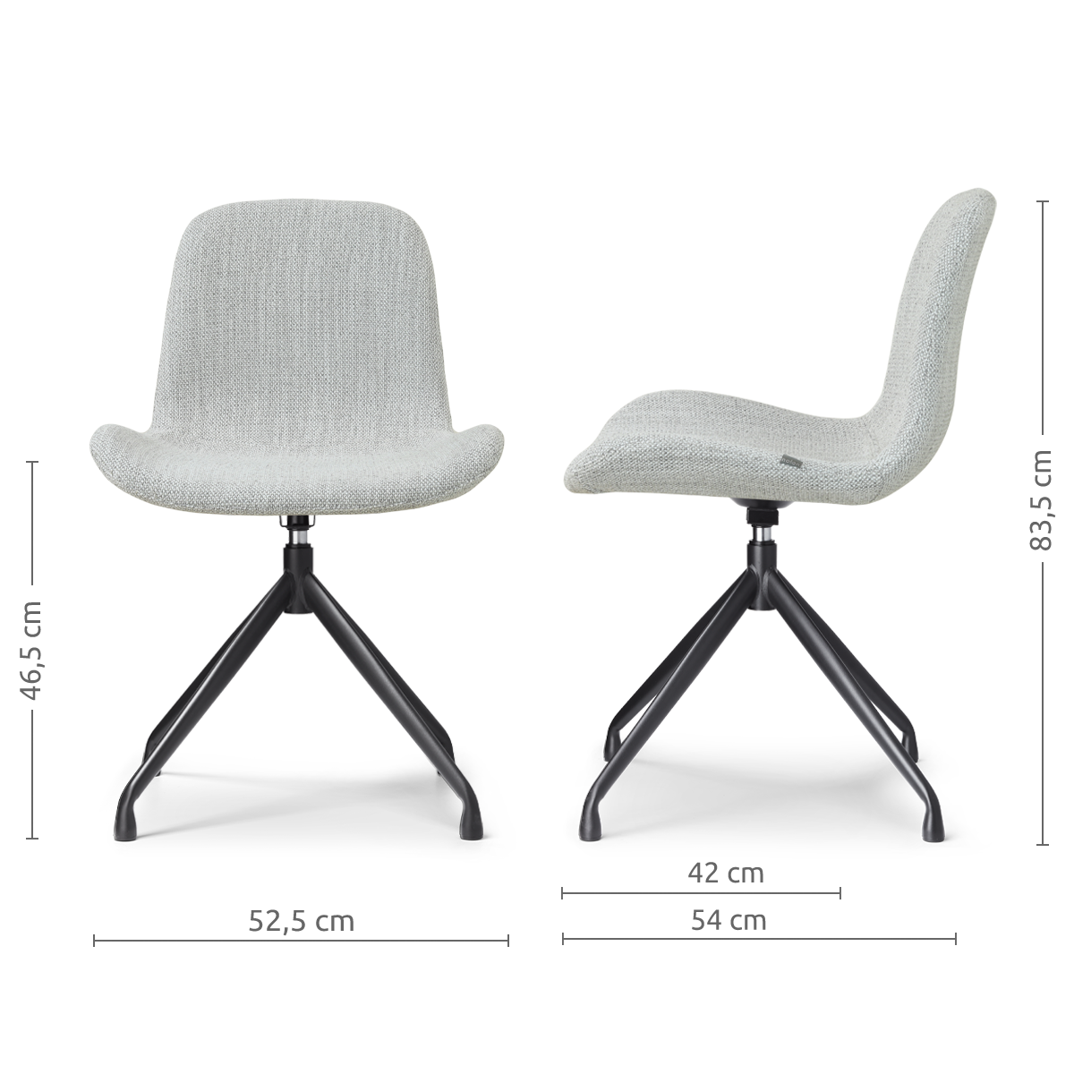 afmetingen van de Nola-Fé draaibare eetkamerstoel grijs melange - zwart onderstel