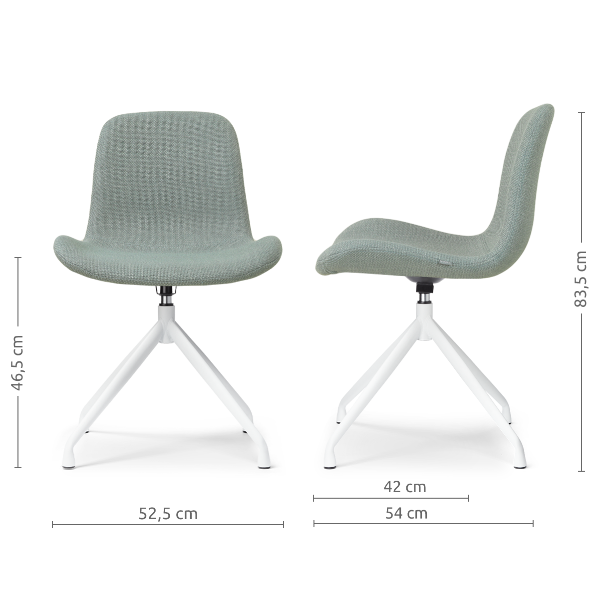afmetingen van de Nola-Fé draaibare eetkamerstoel saliegroen - wit onderstel