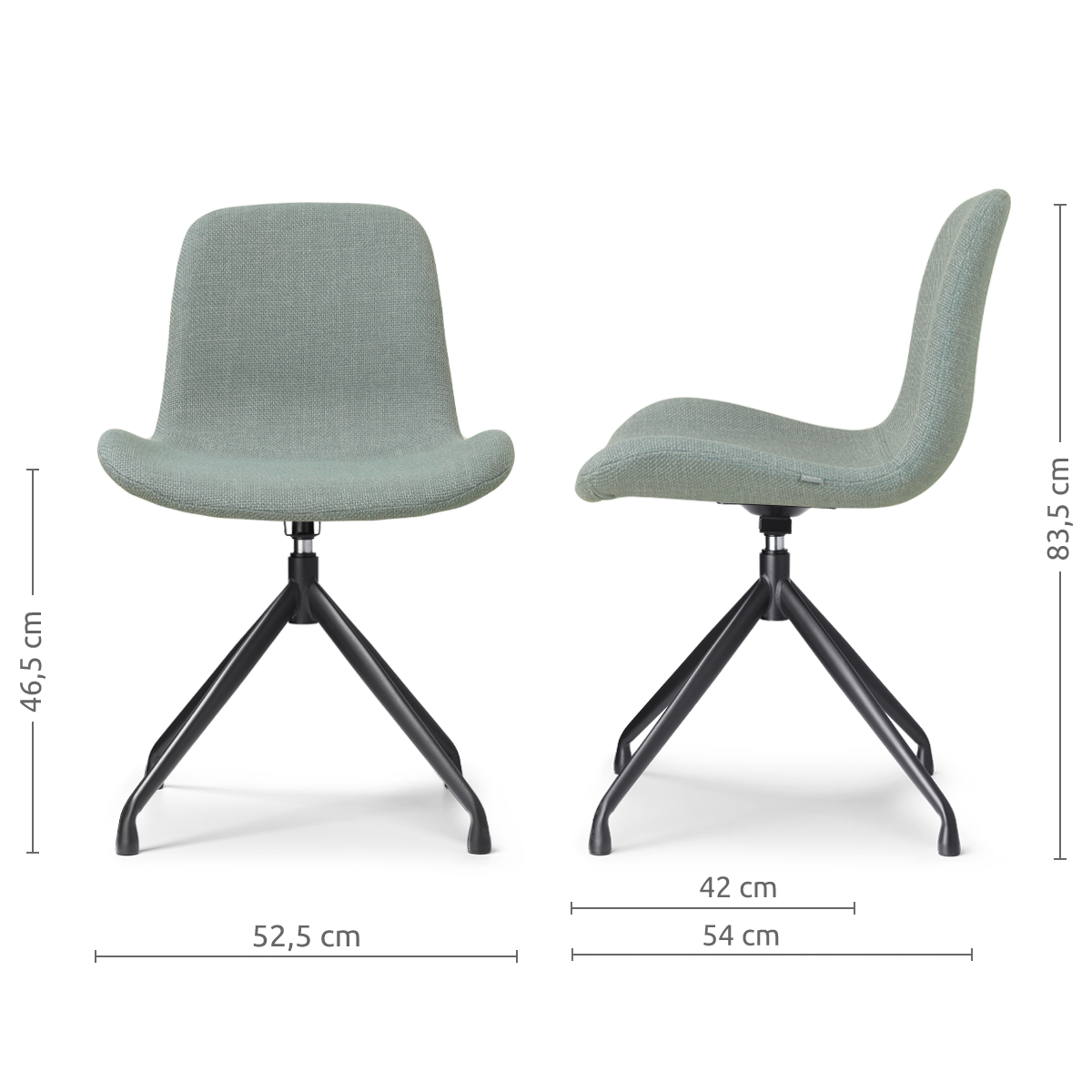 afmetingen van de Nola-Fé draaibare eetkamerstoel saliegroen - zwart onderstel