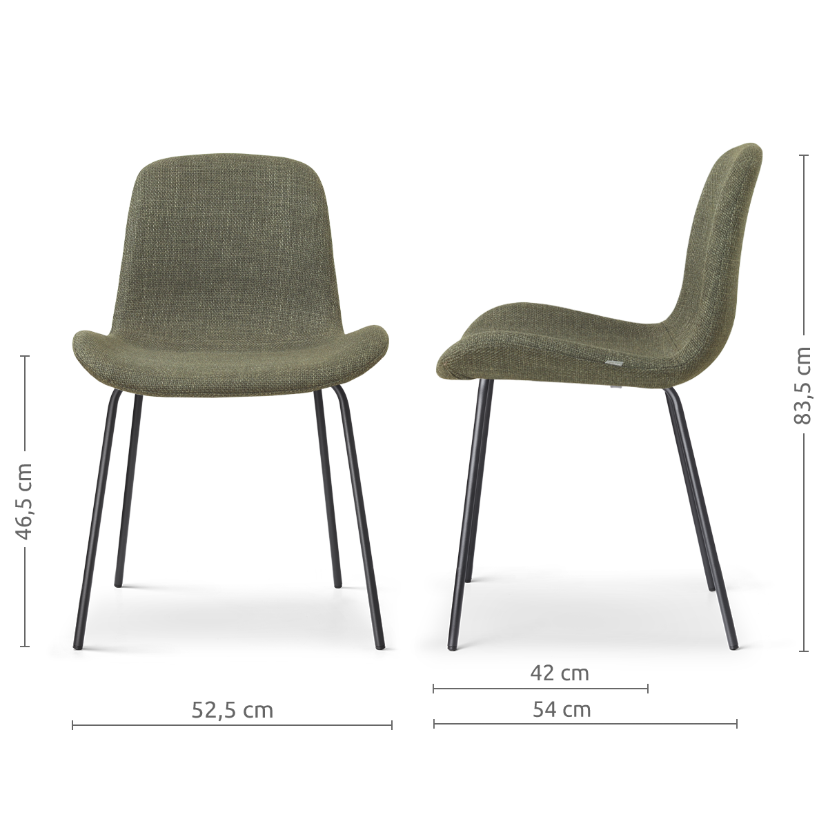 afmetingen van de Nora-Fé eetkamerstoel forestgroen- zwart onderstel