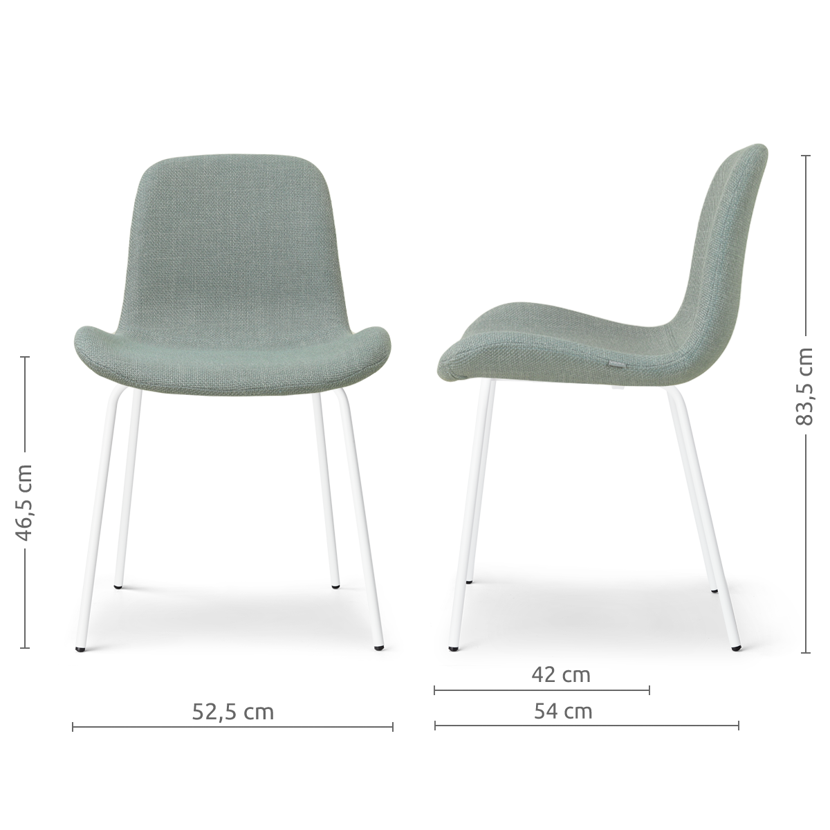 afmetingen van de Nora-Fé eetkamerstoel saliegroen - wit onderstel