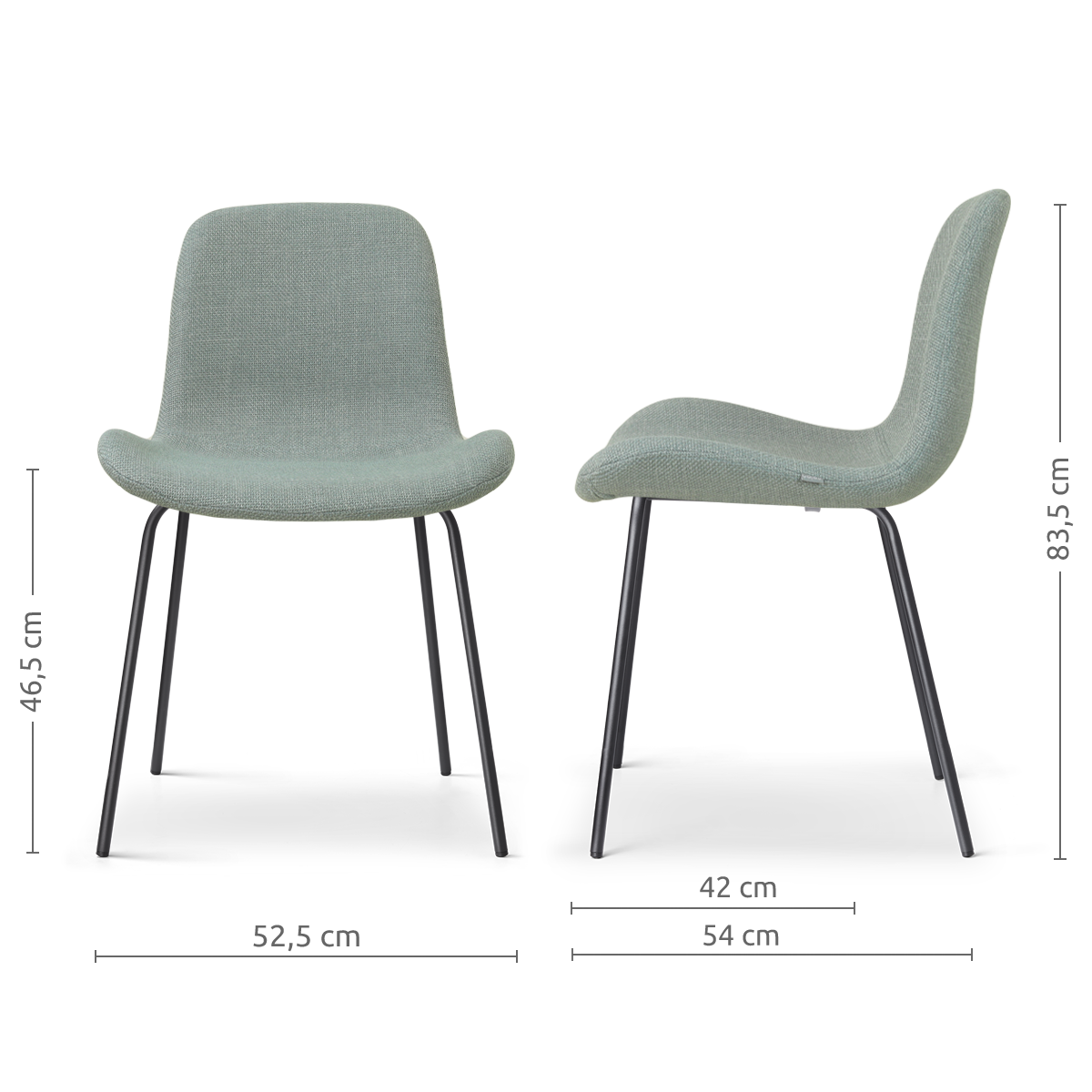 afmetingen van de Nora-Fé eetkamerstoel saliegroen - zwart onderstel
