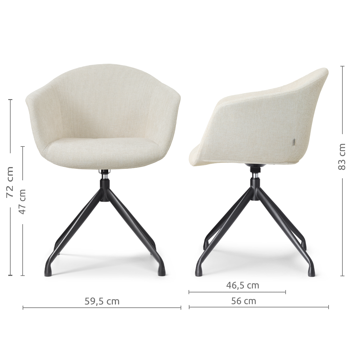 afmetingen van de Nola-Otis draaibare eetkamerstoel cottonbeige - wit onderstel