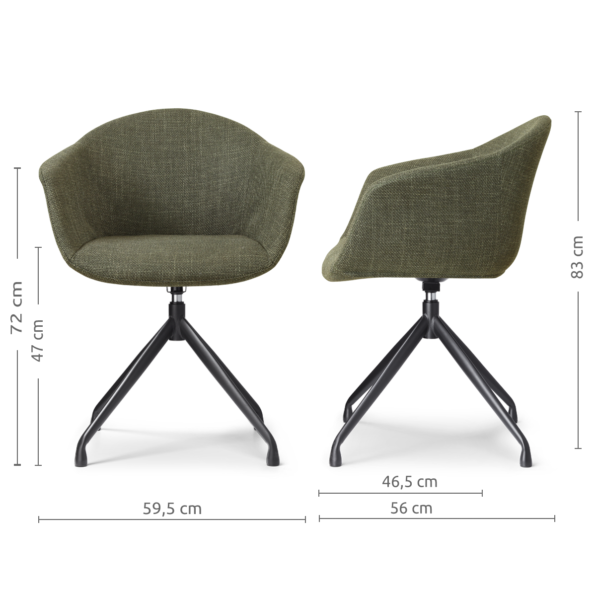 afmetingen van de Nola-Otis draaibare eetkamerstoel forestgroen- zwart onderstel