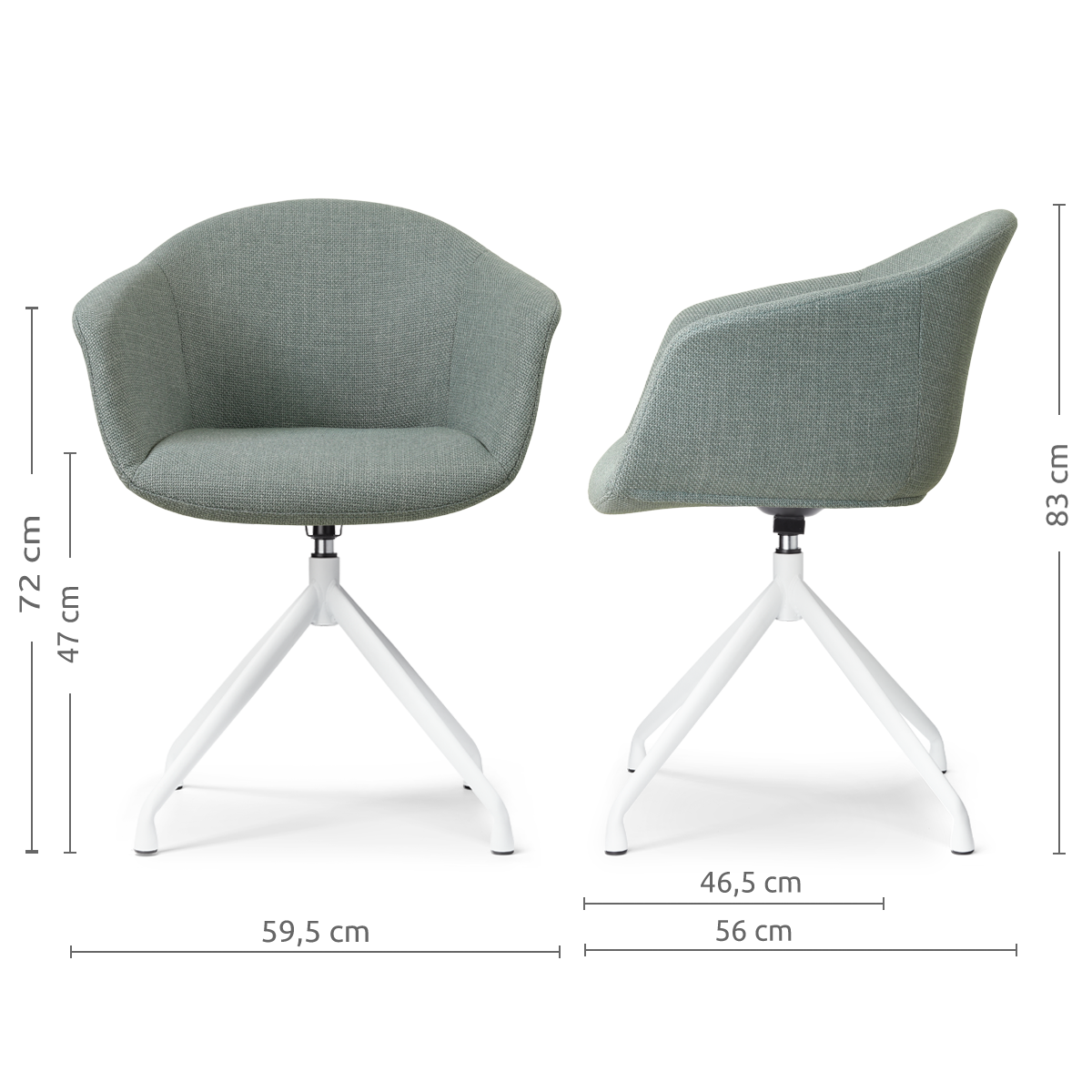 afmetingen van de Nola-Otis draaibare eetkamerstoel saliegroen - wit onderstel