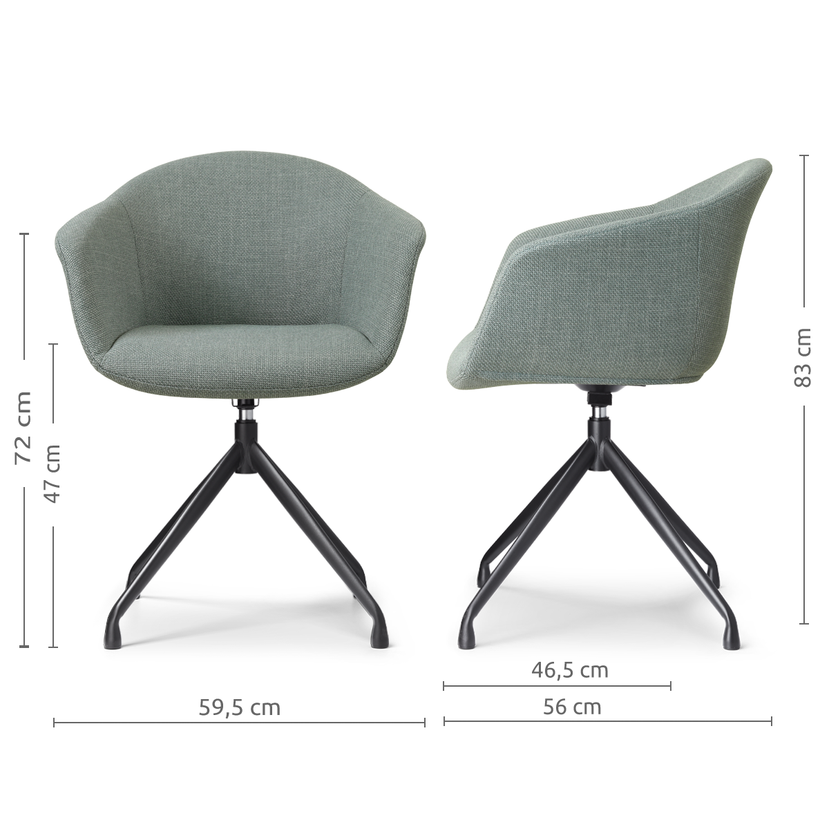 afmetingen van de Nola-Otis draaibare eetkamerstoel saliegroen - zwart onderstel