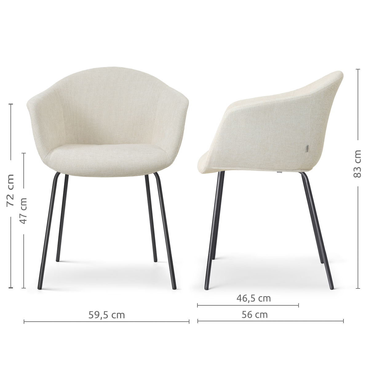 afmetingen van de Nora-Otis eetkamerstoel cottonbeige - zwart onderstel