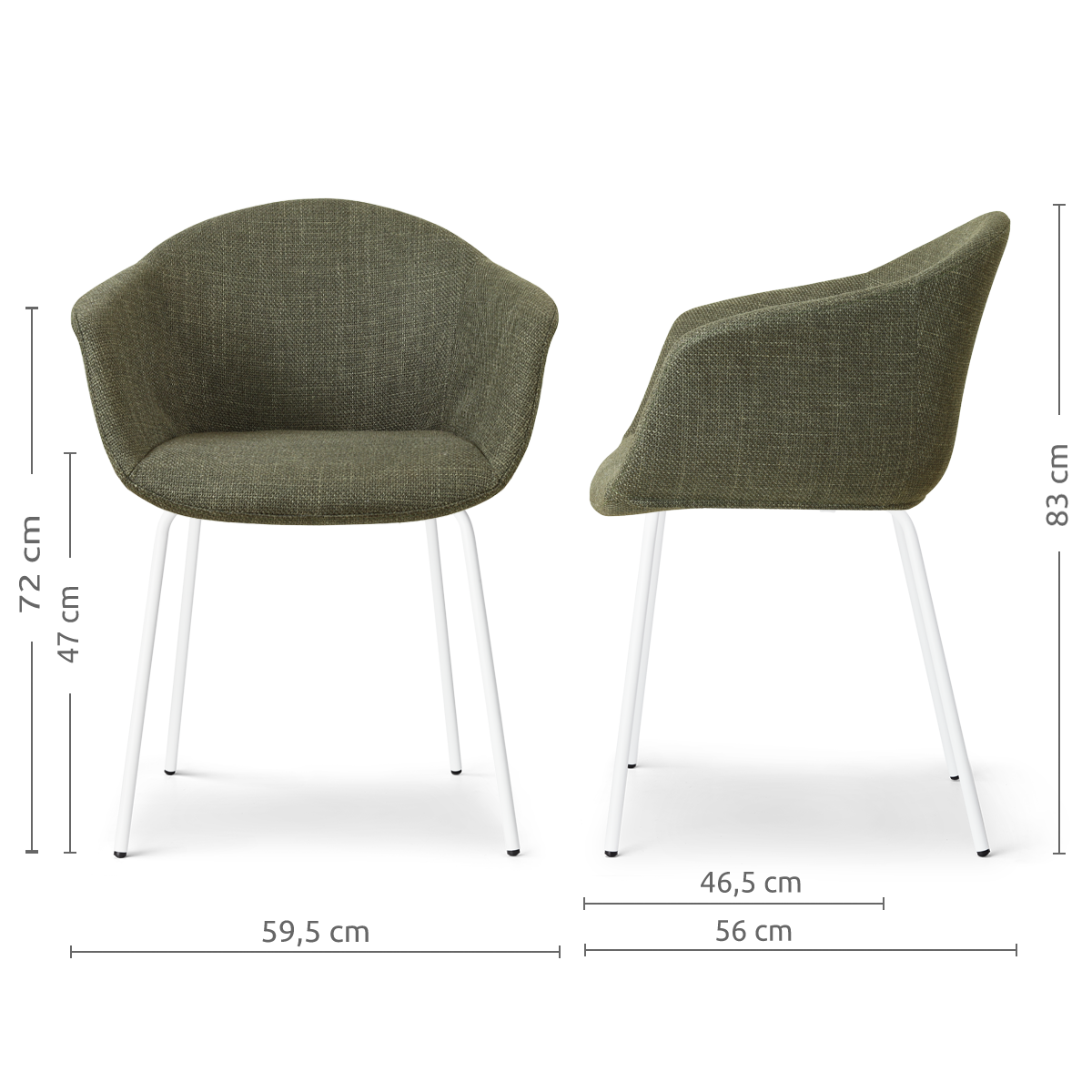 afmetingen van de Nora-Otis eetkamerstoel forestgroen- wit onderstel
