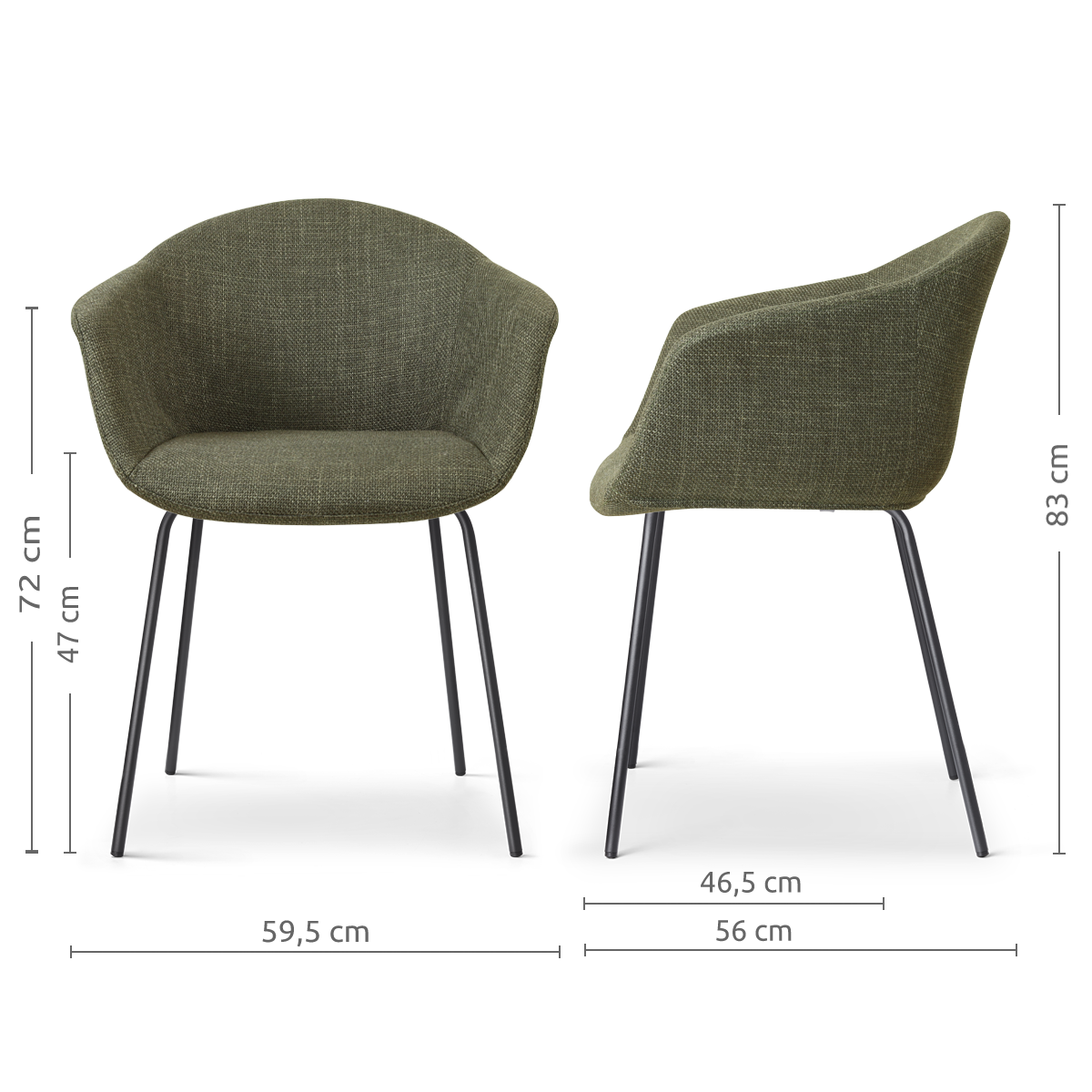 afmetingen van de Nora-Otis eetkamerstoel forestgroen- zwart onderstel
