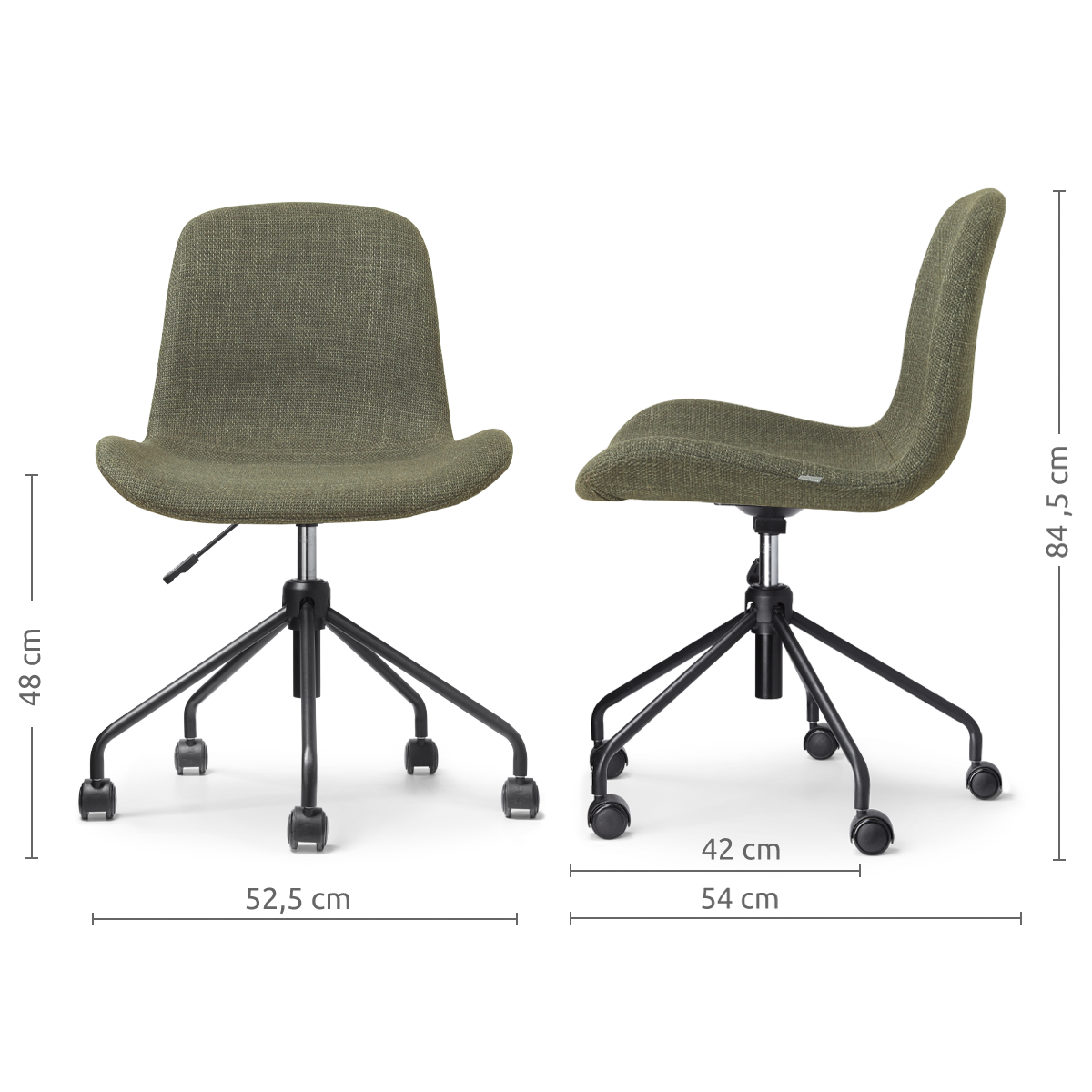 afmetingen van de Nout-Fé bureaustoel forestgroen- zwart onderstel
