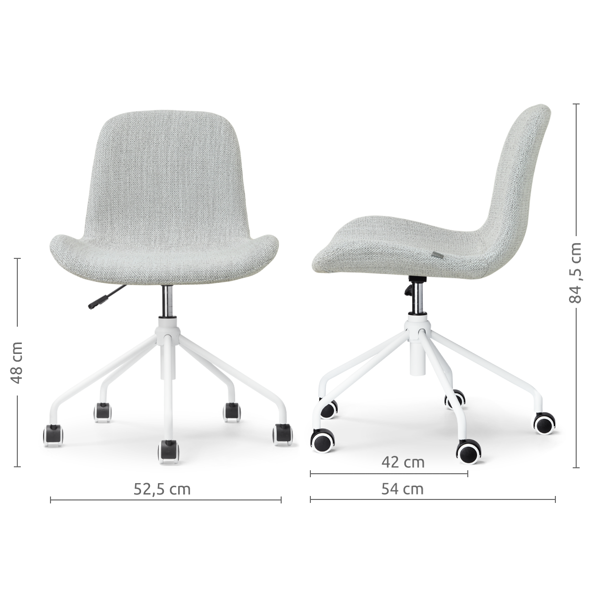 afmetingen van de Nout-Fé bureaustoel grijs melange - wit onderstel