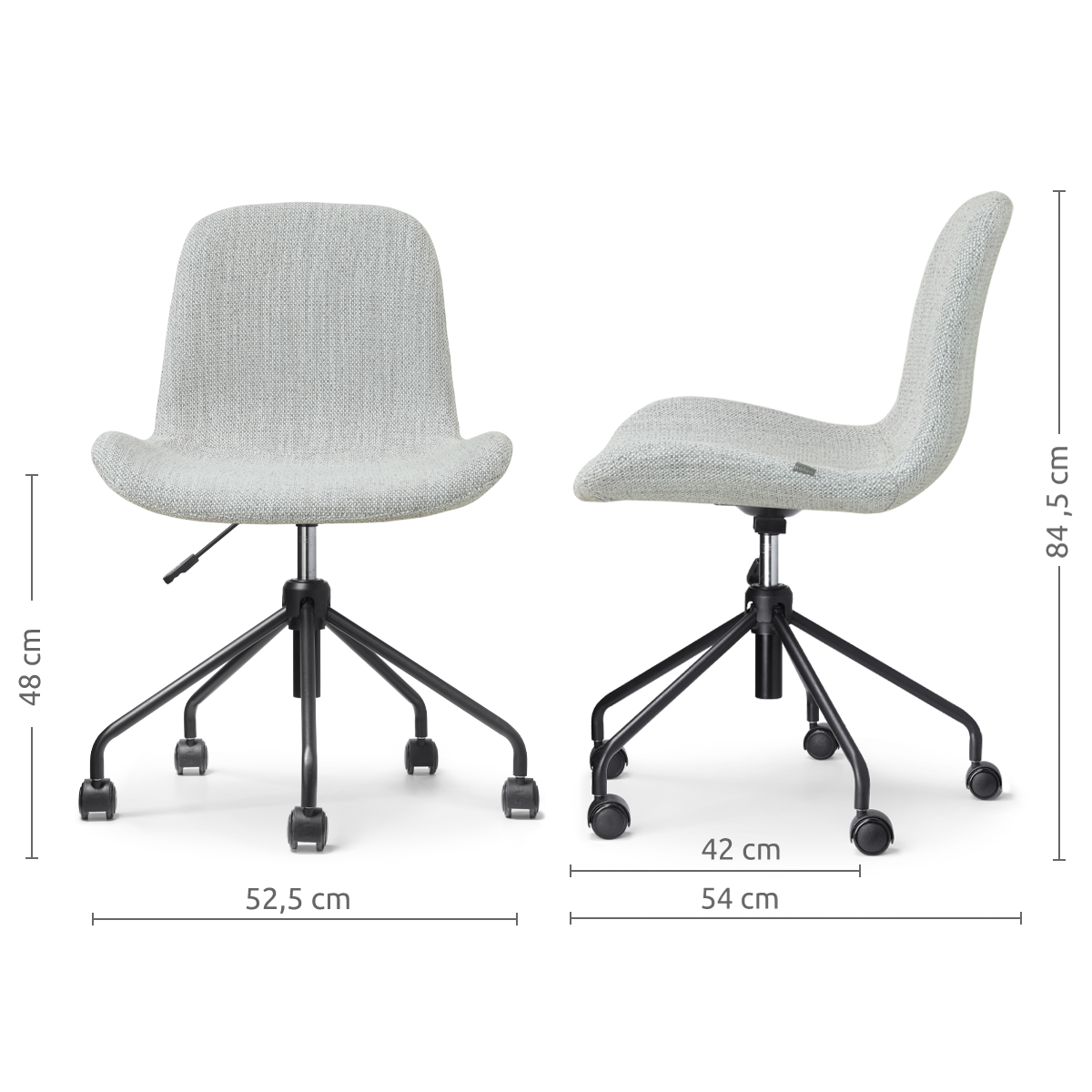 afmetingen van de Nout-Fé bureaustoel grijs melange - zwart onderstel