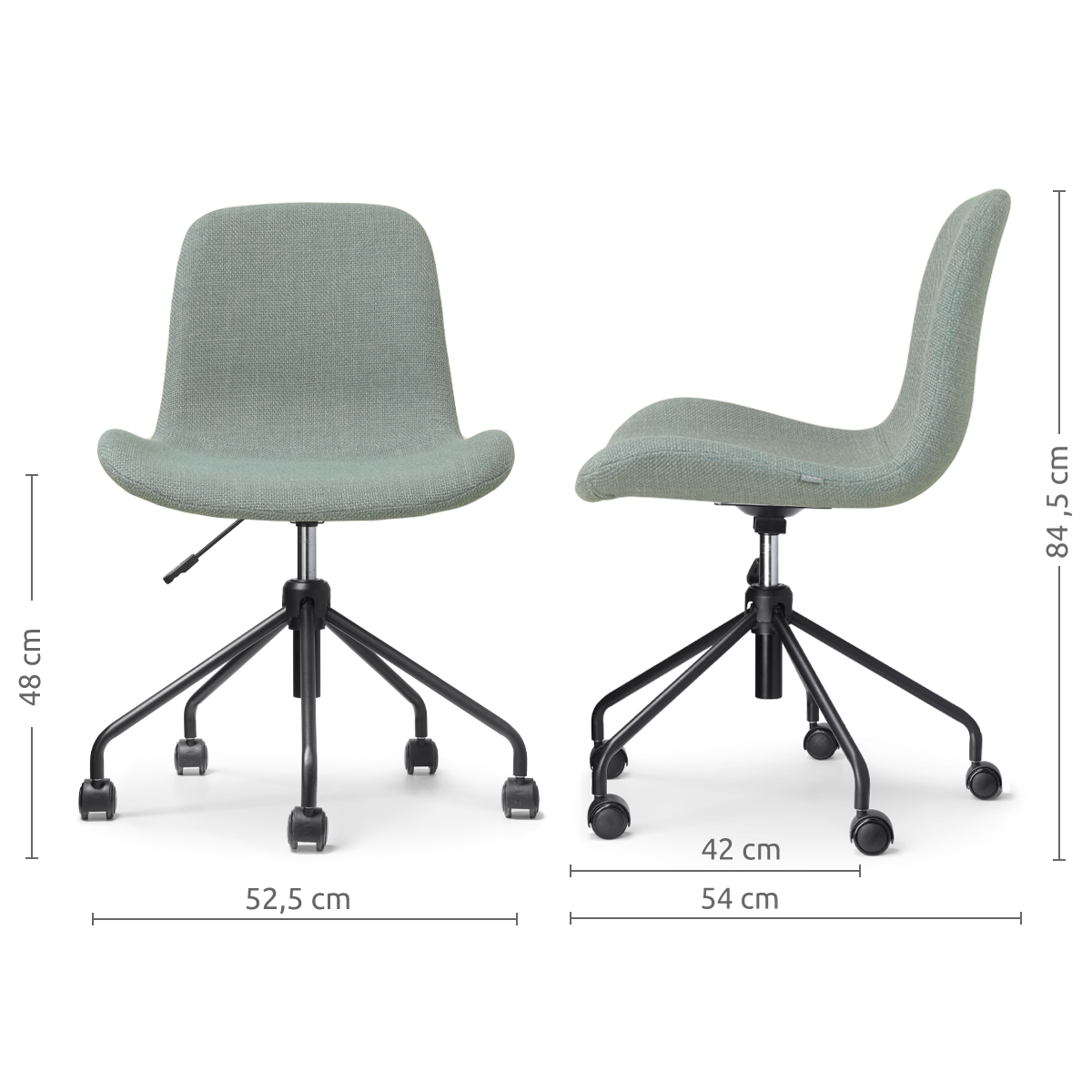 afmetingen van de Nout-Fé bureaustoel saliegroen - zwart onderstel