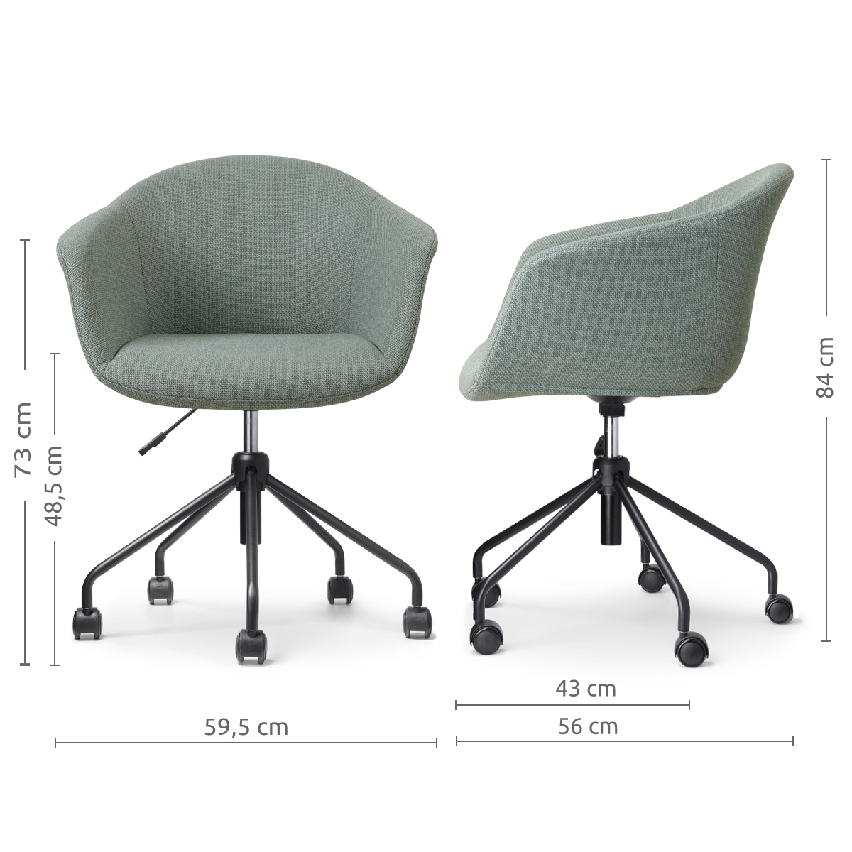 afmetingen van de Nout-Otis bureaustoel saliegroen - zwart onderstel