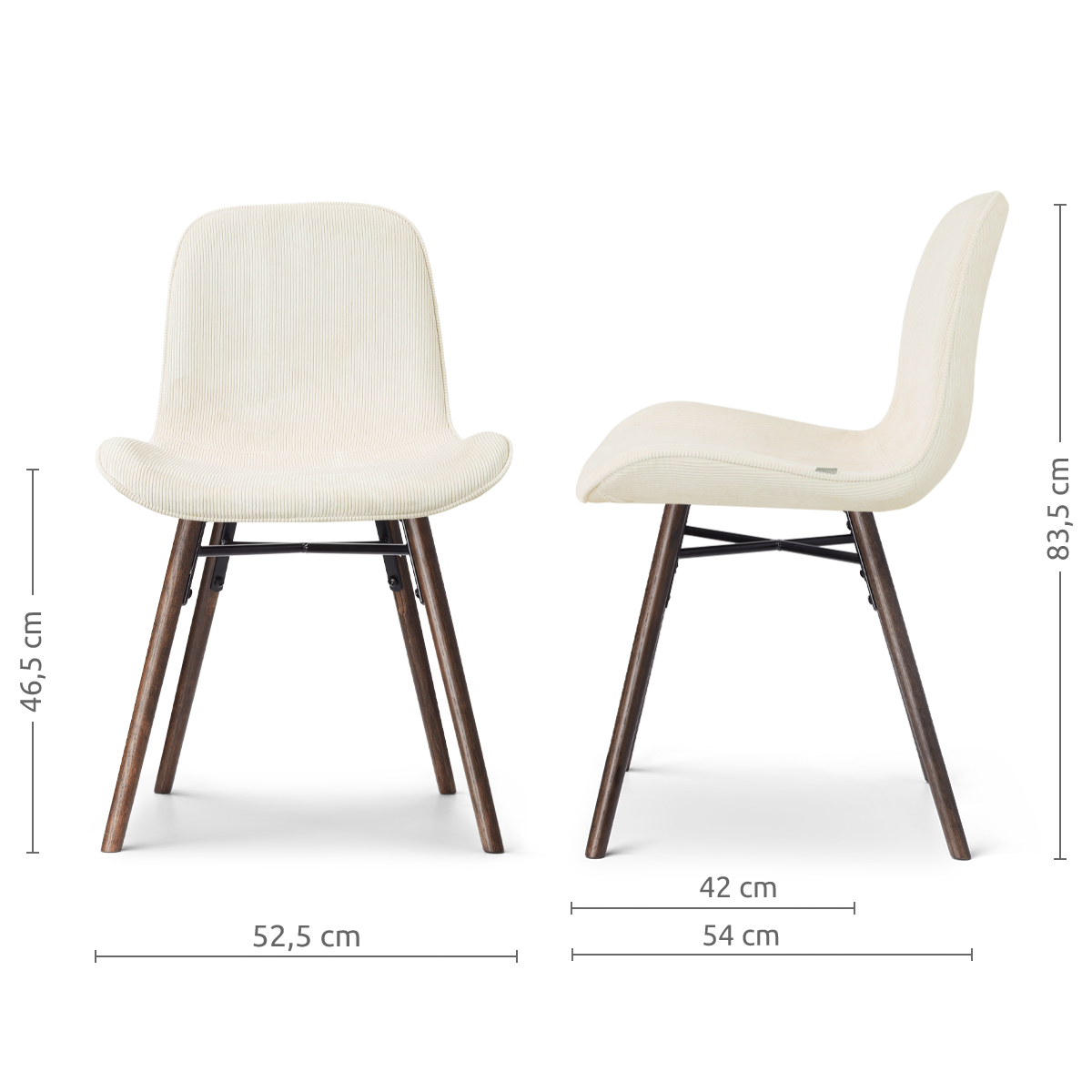 afmetingen van de Nena-Fé eetkamerstoel rib beige - walnoot houten onderstel