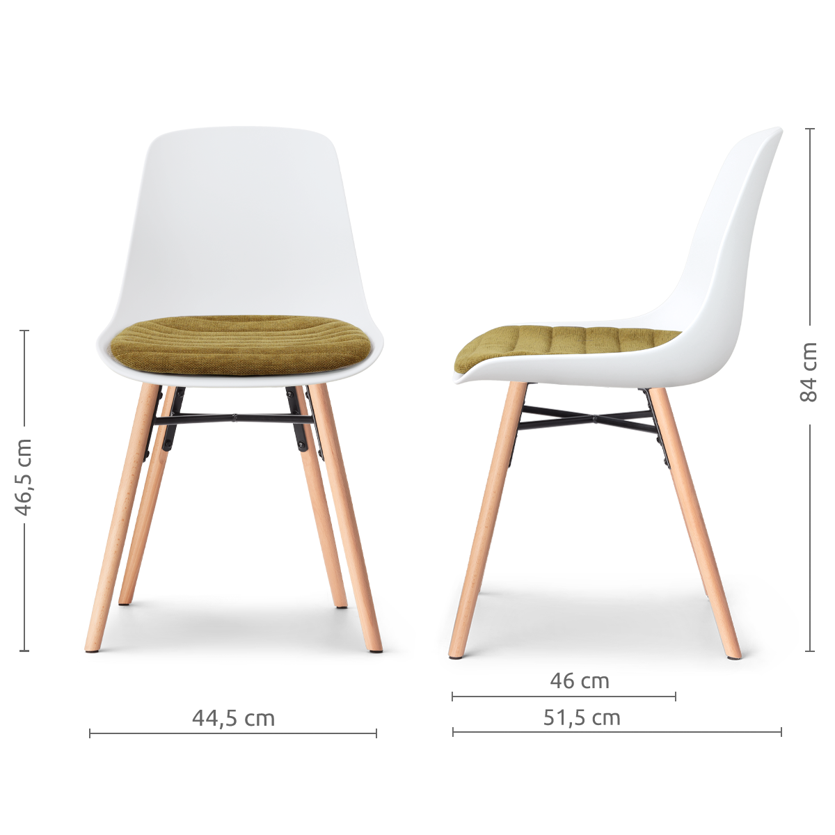 afmetingen van de Nena-Liv eetkamerstoel wit met mosgroen zitkussen - houten onderstel