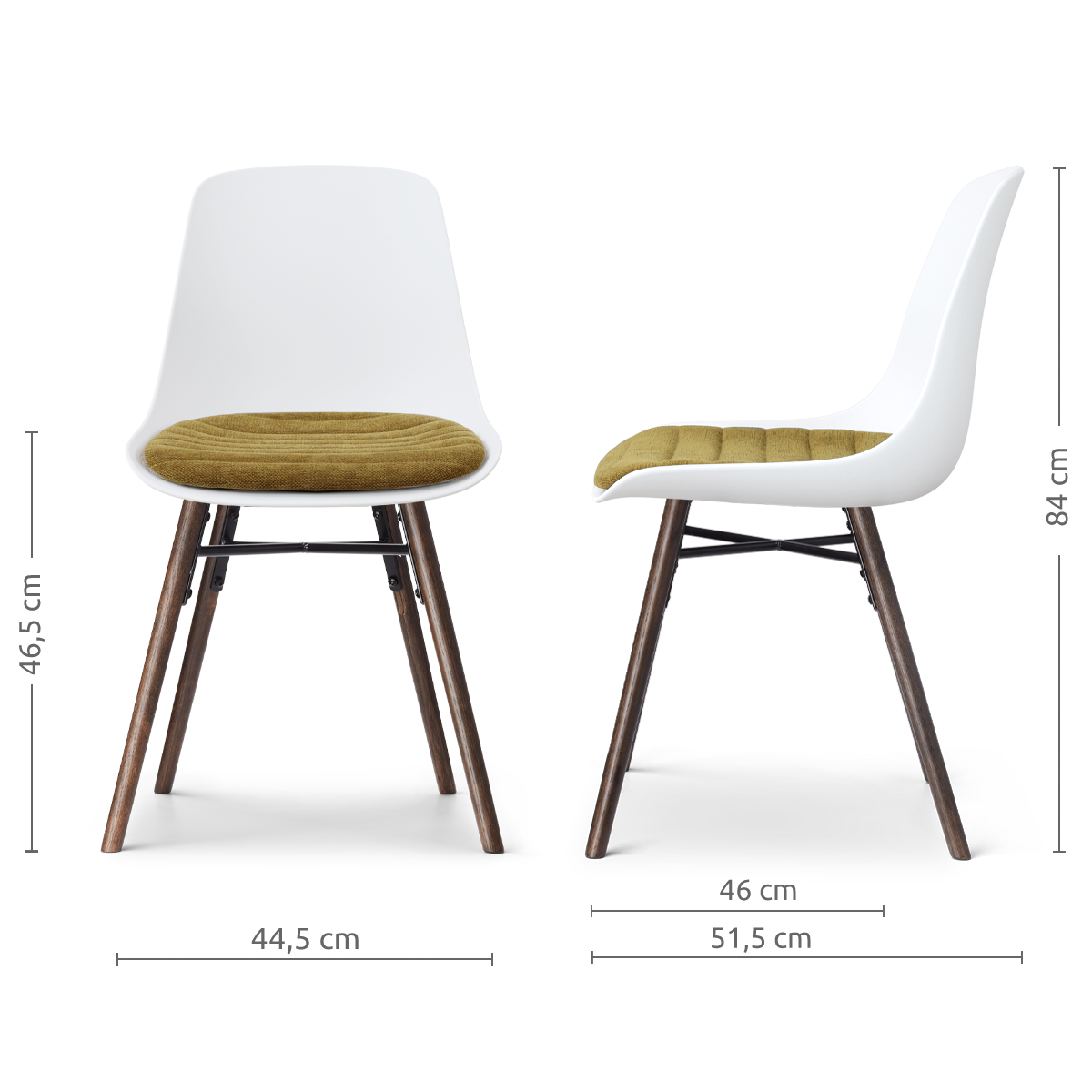 afmetingen van de Nena-Liv eetkamerstoel wit met mosgroen zitkussen - walnoot houten onderstel