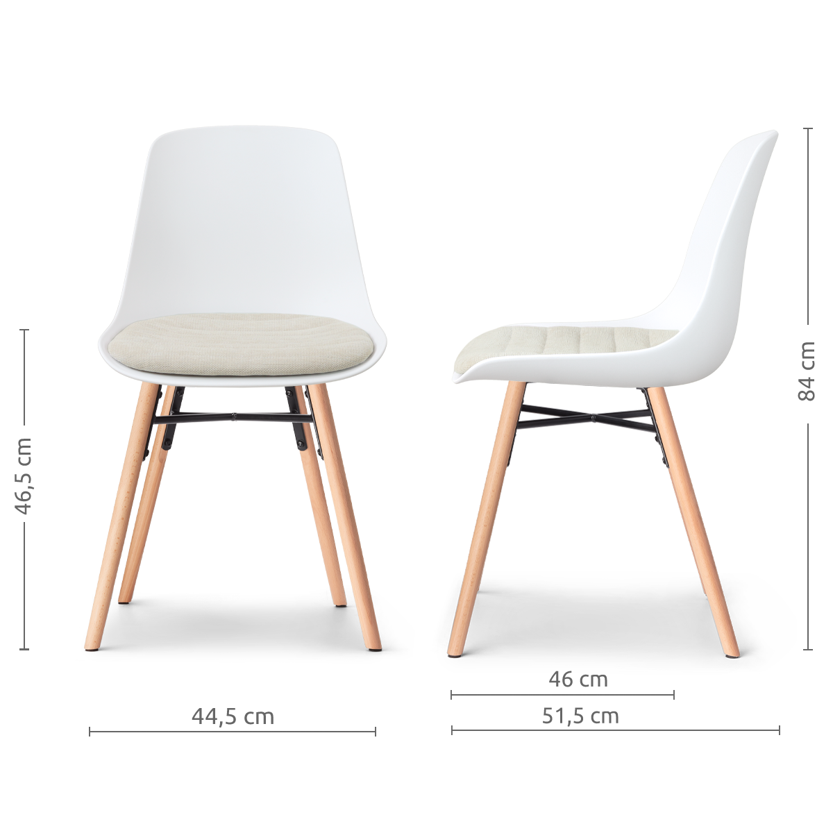 afmetingen van de Nena-Liv eetkamerstoel wit met naturelbeige zitkussen - houten onderstel