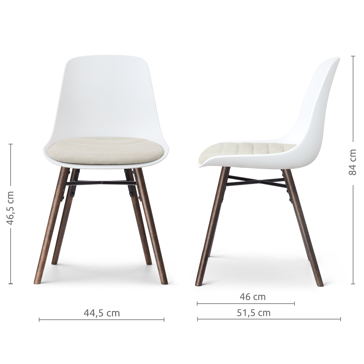 afmetingen van de Nena-Liv eetkamerstoel wit met naturelbeige zitkussen - walnoot houten onderstel