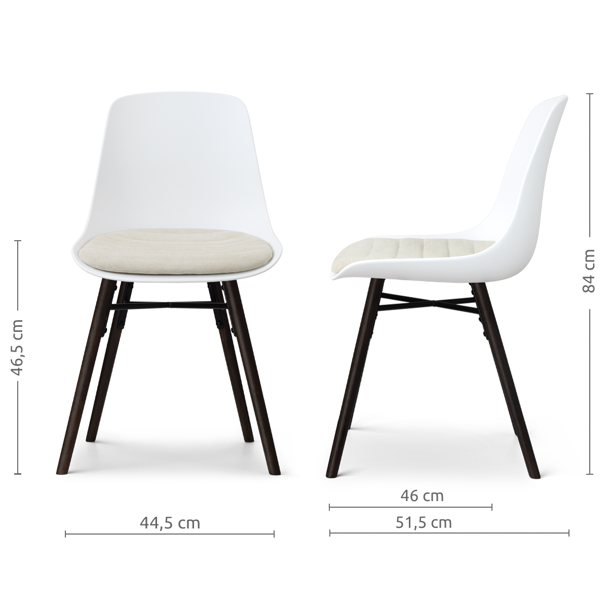 afmetingen van de Nena-Liv eetkamerstoel wit met naturelbeige zitkussen - zwart houten onderstel