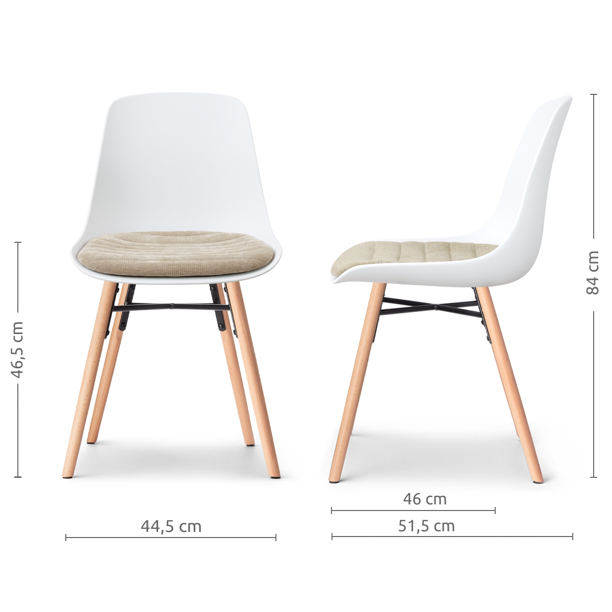 afmetingen van de Nena-Liv eetkamerstoel wit met nougatbruin zitkussen - houten onderstel